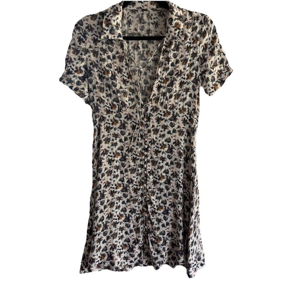 Free People Womens Button Front Tie Neck Floral Short Sleeve Mini Dress Size 6
